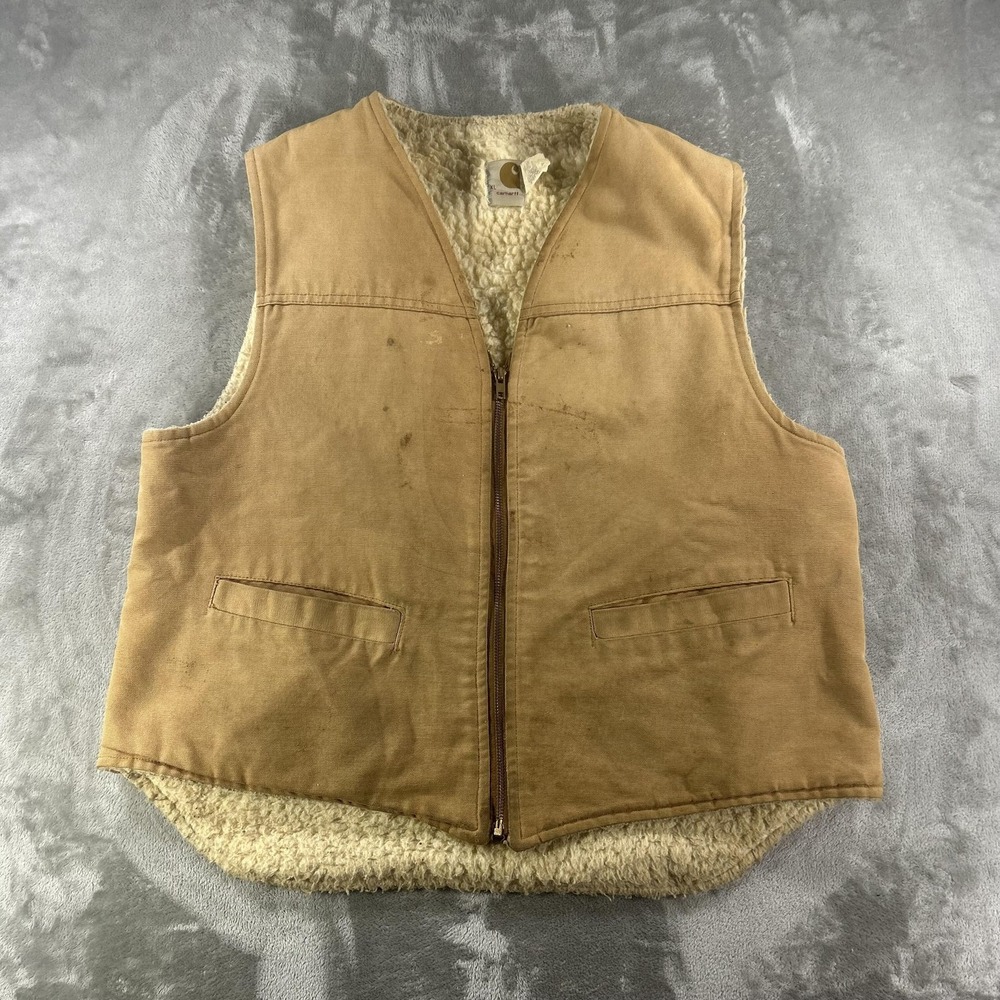 Vintage 80s Carhartt Vest Mens XL Brown Canvas Sherpa Zip Insulated Outdoor